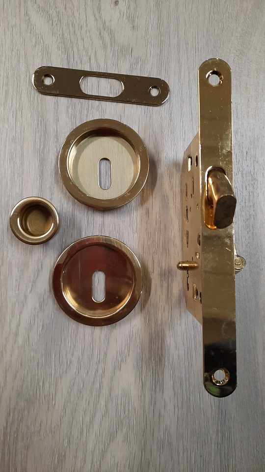 Kit maniglie incasso per porta scorrevole con serratura Oro Lucido