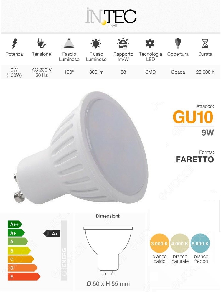 Lampada faretto GU10 LED 9w InTec Light - Variante: Luce fredda 6500°k