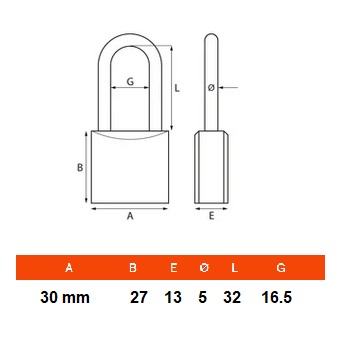 Lucchetto ad arco lungo da 30 mm a chiave unica KA Wally 