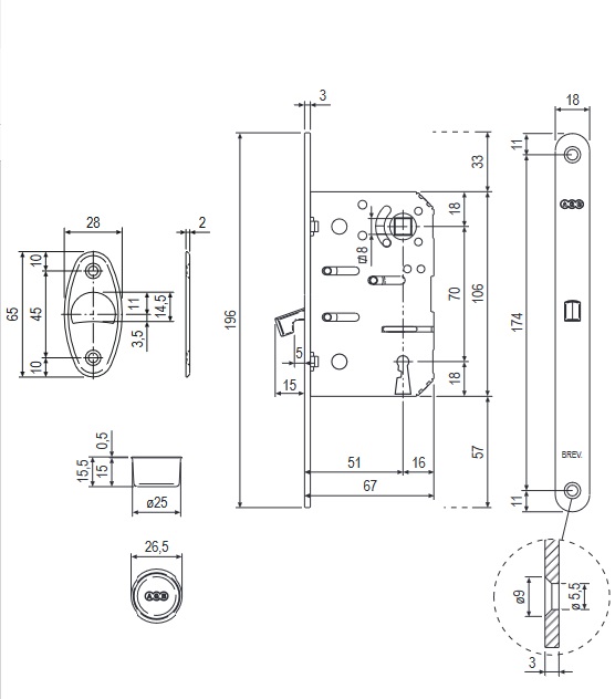 Serratura B08902xxxx per porte scorrevoli a gancio con quadro maniglia bronzata AGB