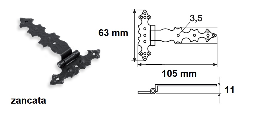 Cerniera nera ZANCATA in ferro battuto forma T Comferut 