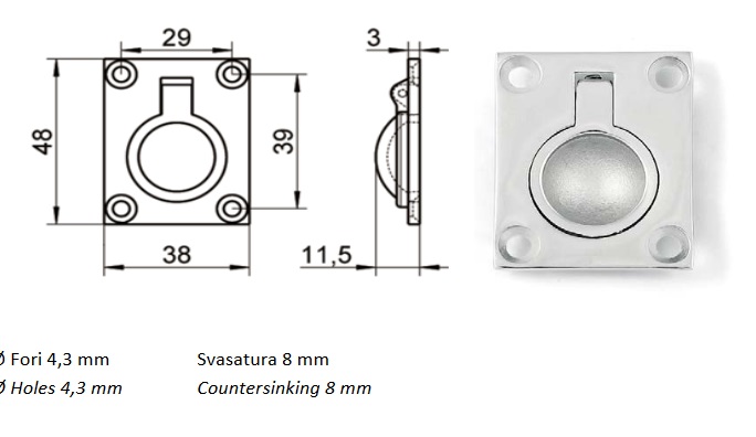 Alzapagliolo acciaio INOX  MM 38 x 48 mm AISI 316