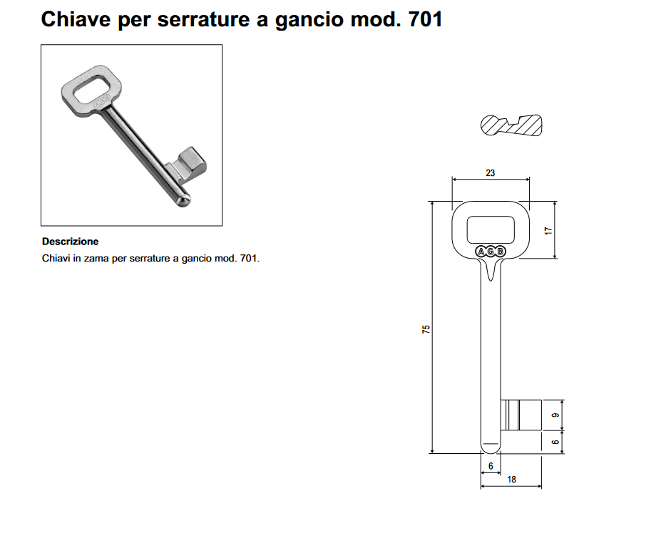 Chiave per serratura porta scorrevole bronzata n° 7 B005021602 AGB