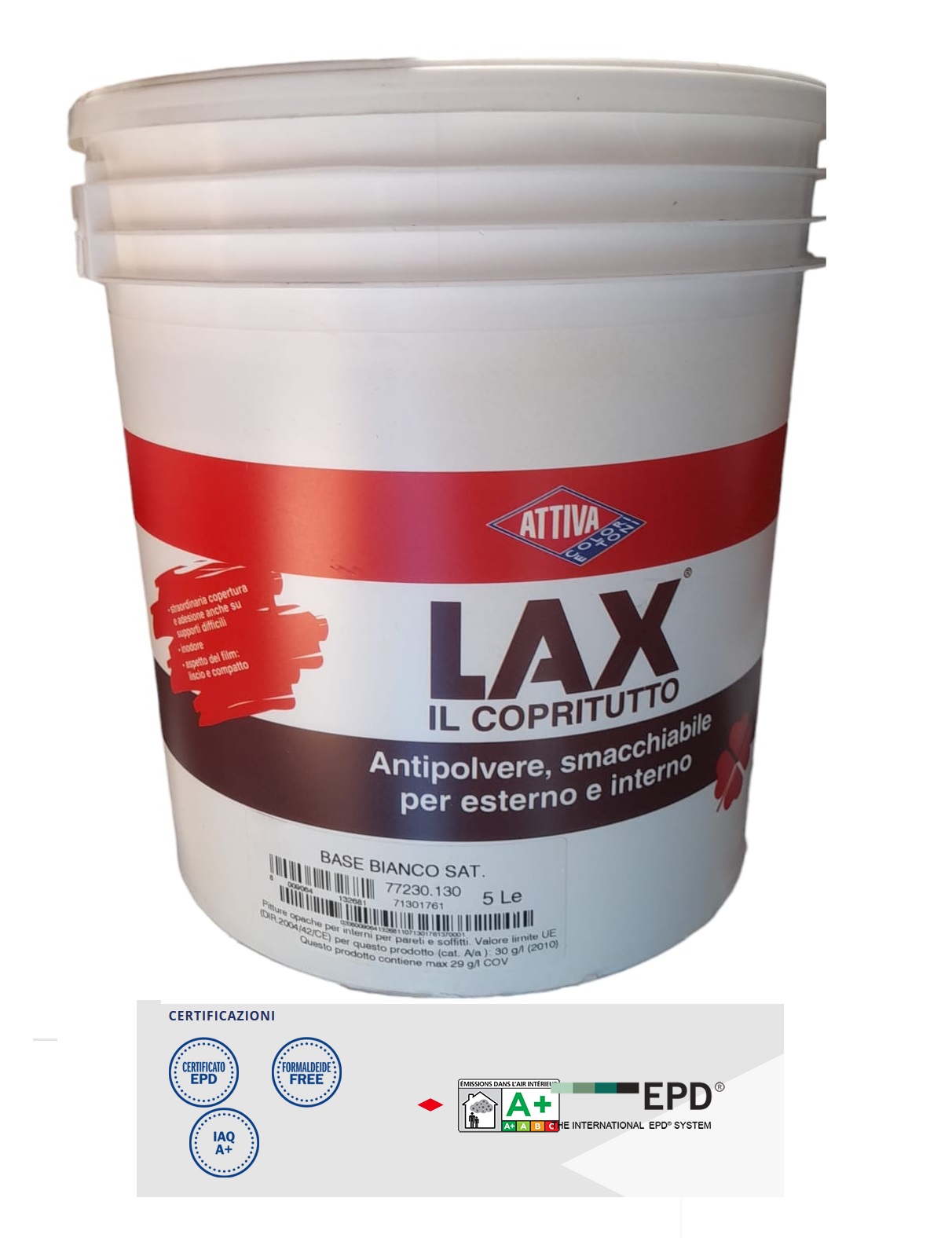 Pittura lavabile LAX Attiva bianco satinato da LT 5 CERTIFICAZIONE HACCP